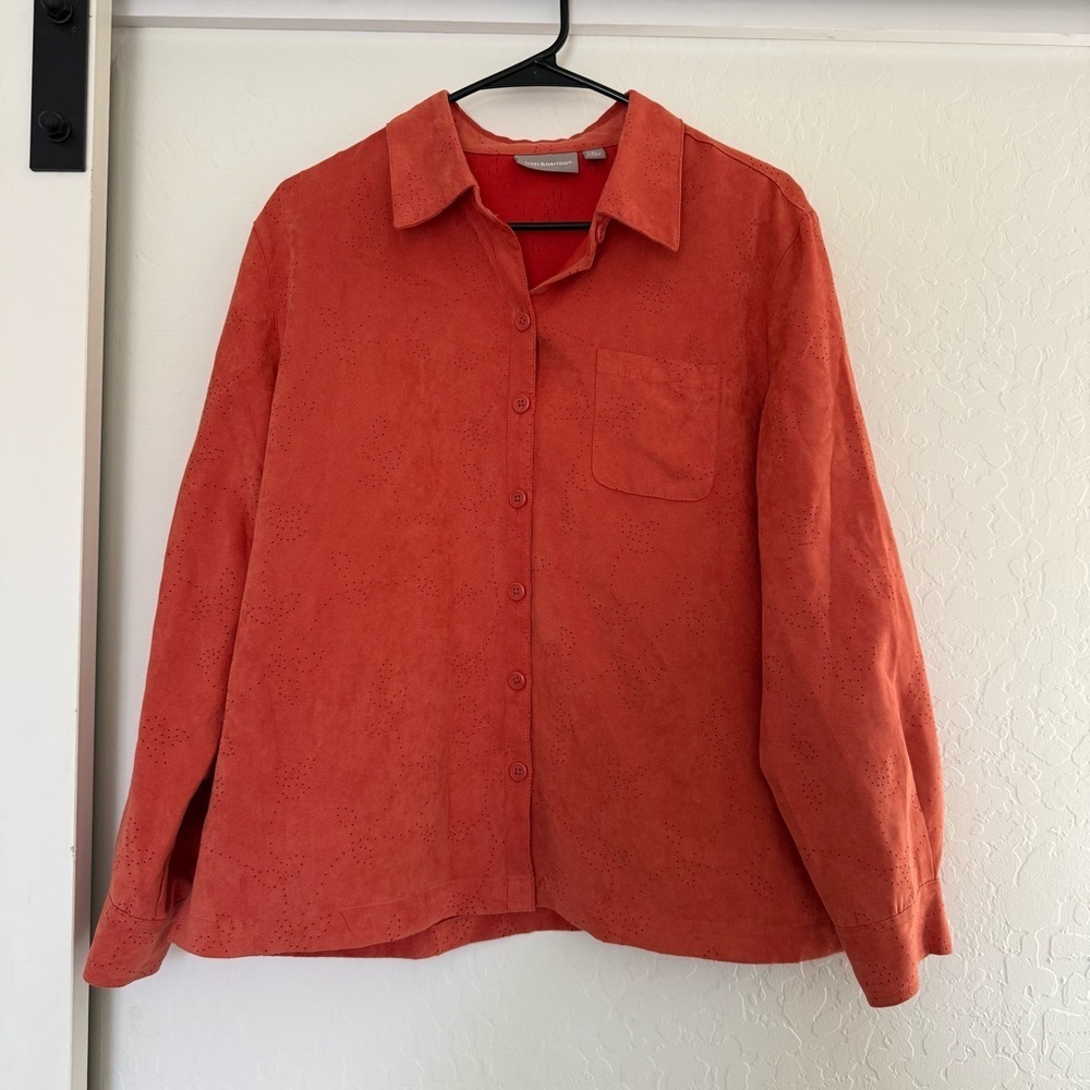 Croft‎ & Barrow Orange Faux Suede Button Down Collared Over Shirt Eyelet Petite